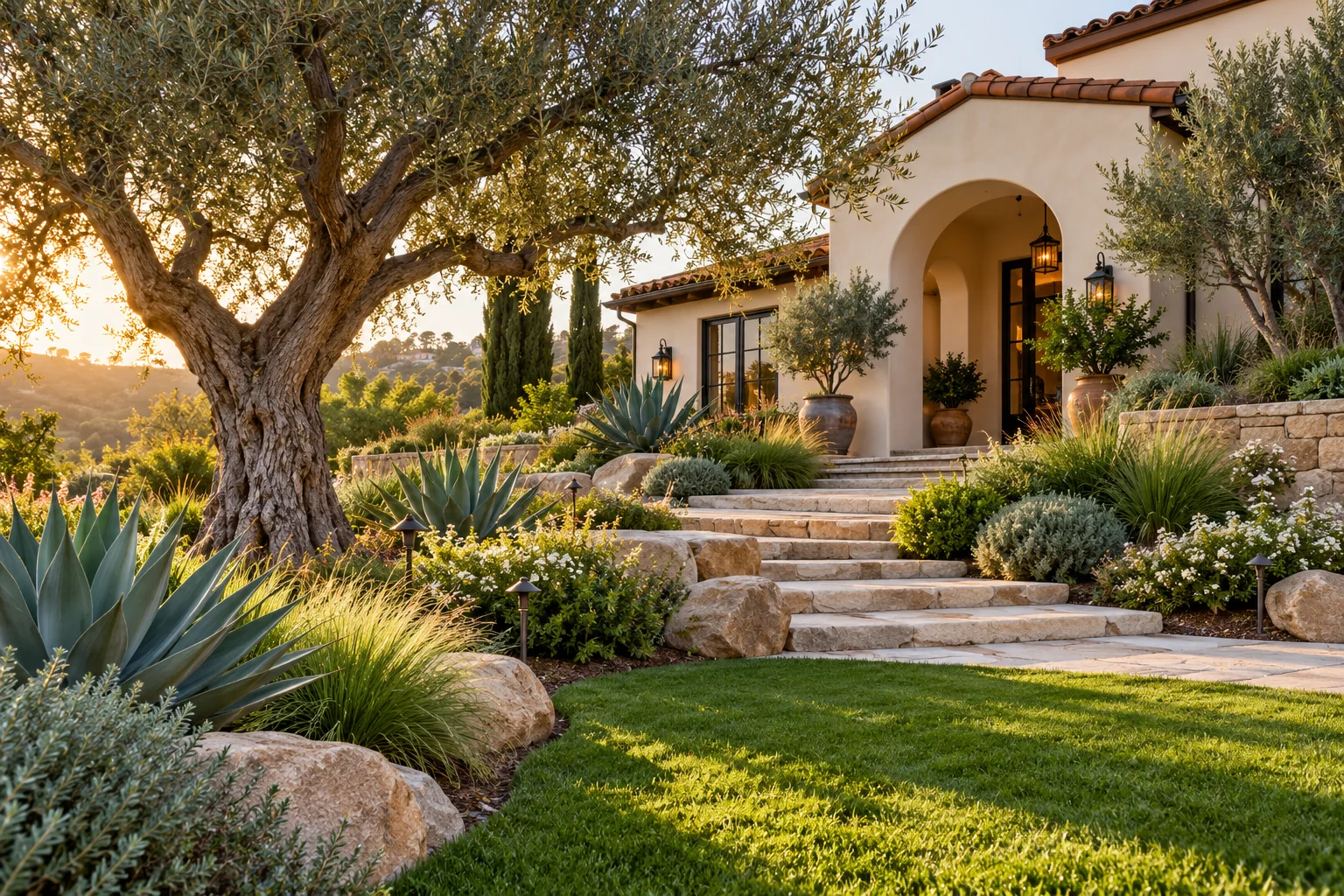 Illustrative green lawn edged with drought-friendly garden plants