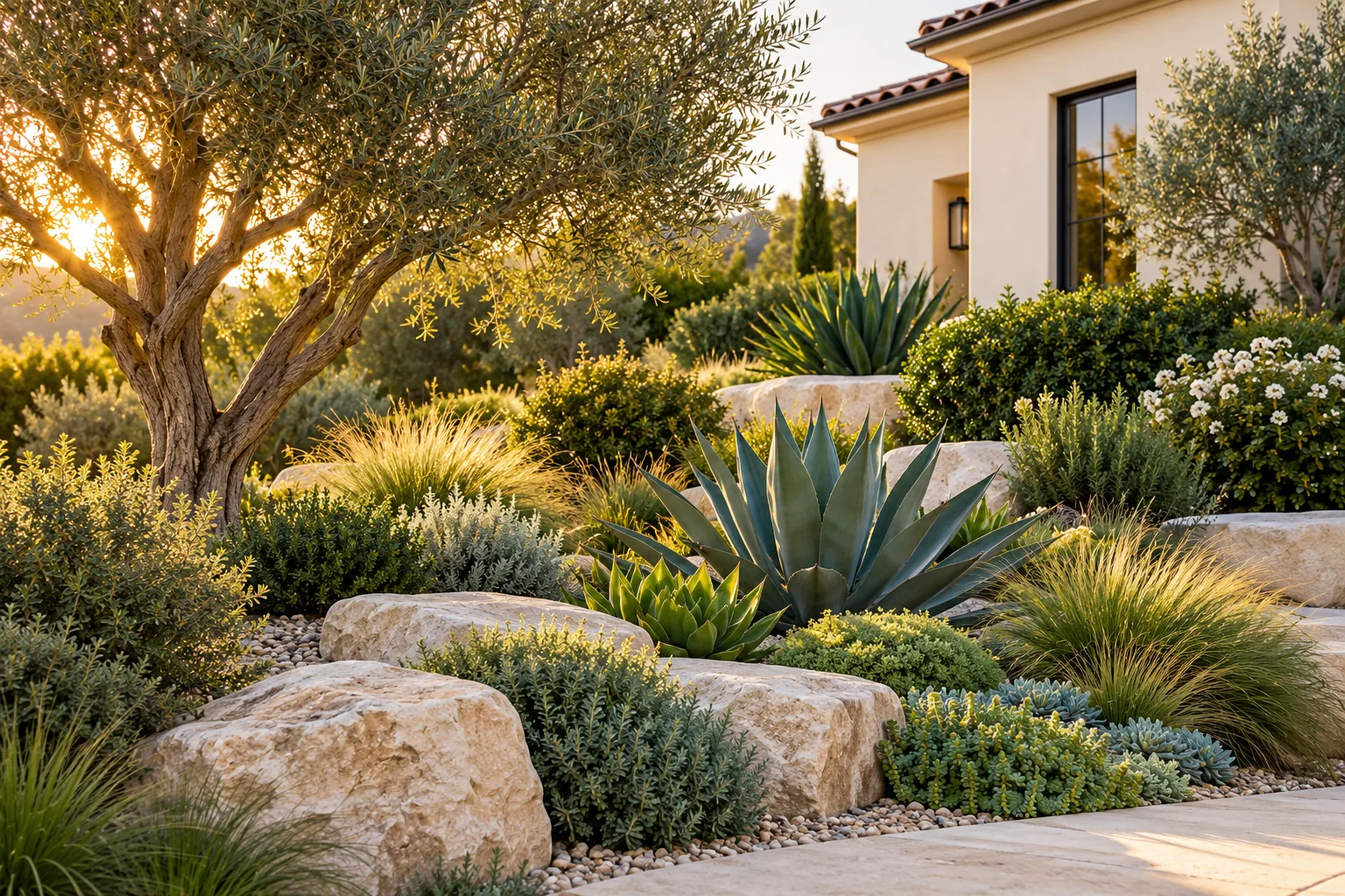 Illustrative decorative rock garden with agaves and grasses